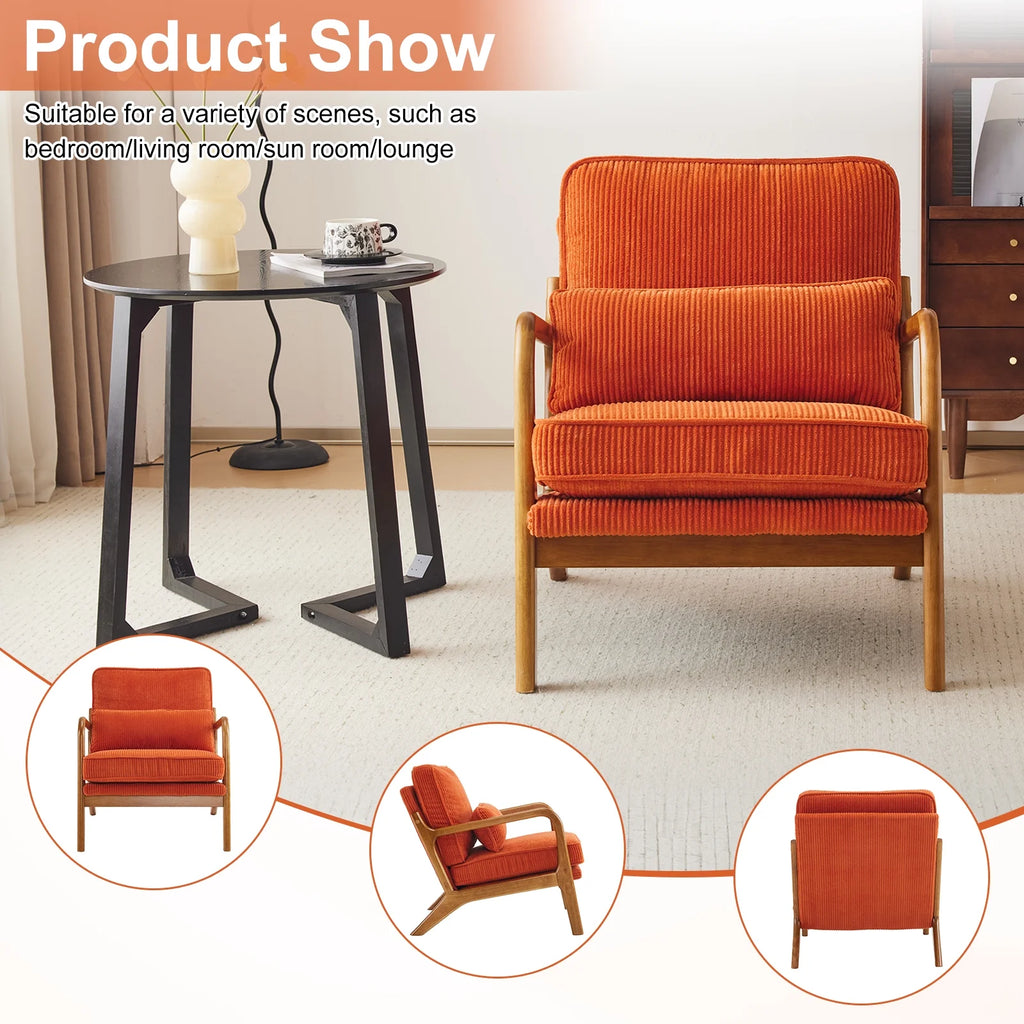 Ktaxon Accent Chair Corduroy Upholstered Armchair, Reading Club Chair with Pillow and Solid Wood Frame for Living Room Bedroom Furniture Off White