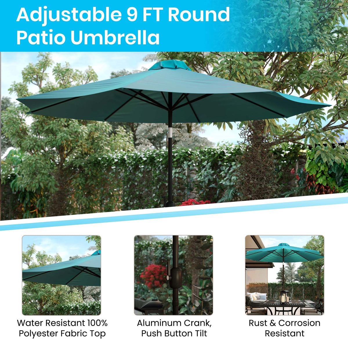 Merrick Lane Patio Umbrella with Base - 9' Tan Polyester Patio Umbrella - 30+ UV Protection - Waterproof Black Cement Base with 1.5" Diameter Aluminum Pole
