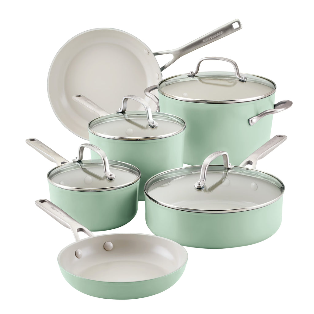 KitchenAid Hard Anodized 10 Pcs Ceramic Nonstick Cookware Pots and Pans Set, Oven Safe to 500F, Pistachio