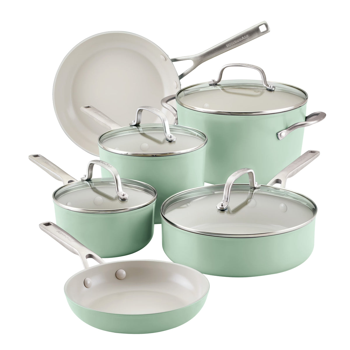KitchenAid Hard Anodized 10 Pcs Ceramic Nonstick Cookware Pots and Pans Set, Oven Safe to 500F, Pistachio