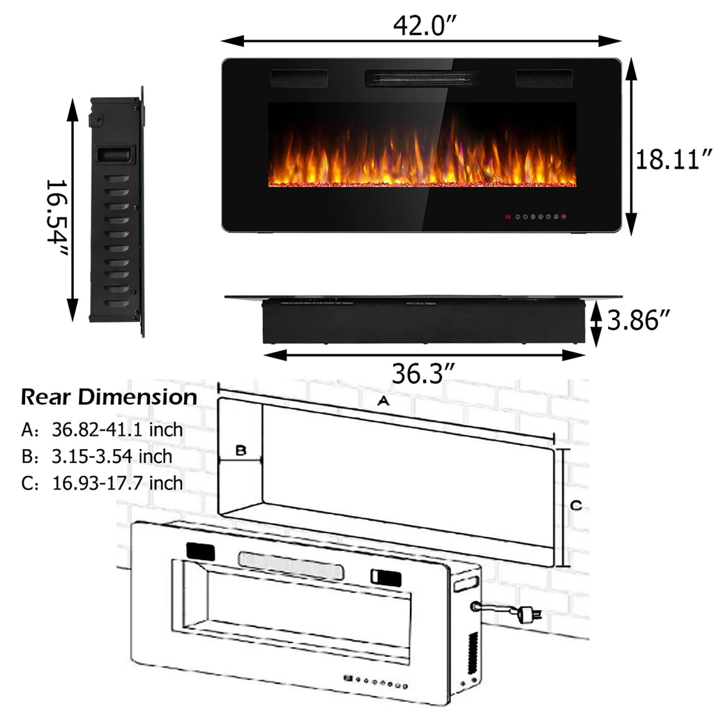 Costway 36'' Electric Fireplace Recessed Ultra Thin Wall-Mounted Heater w/Multicolor Flame