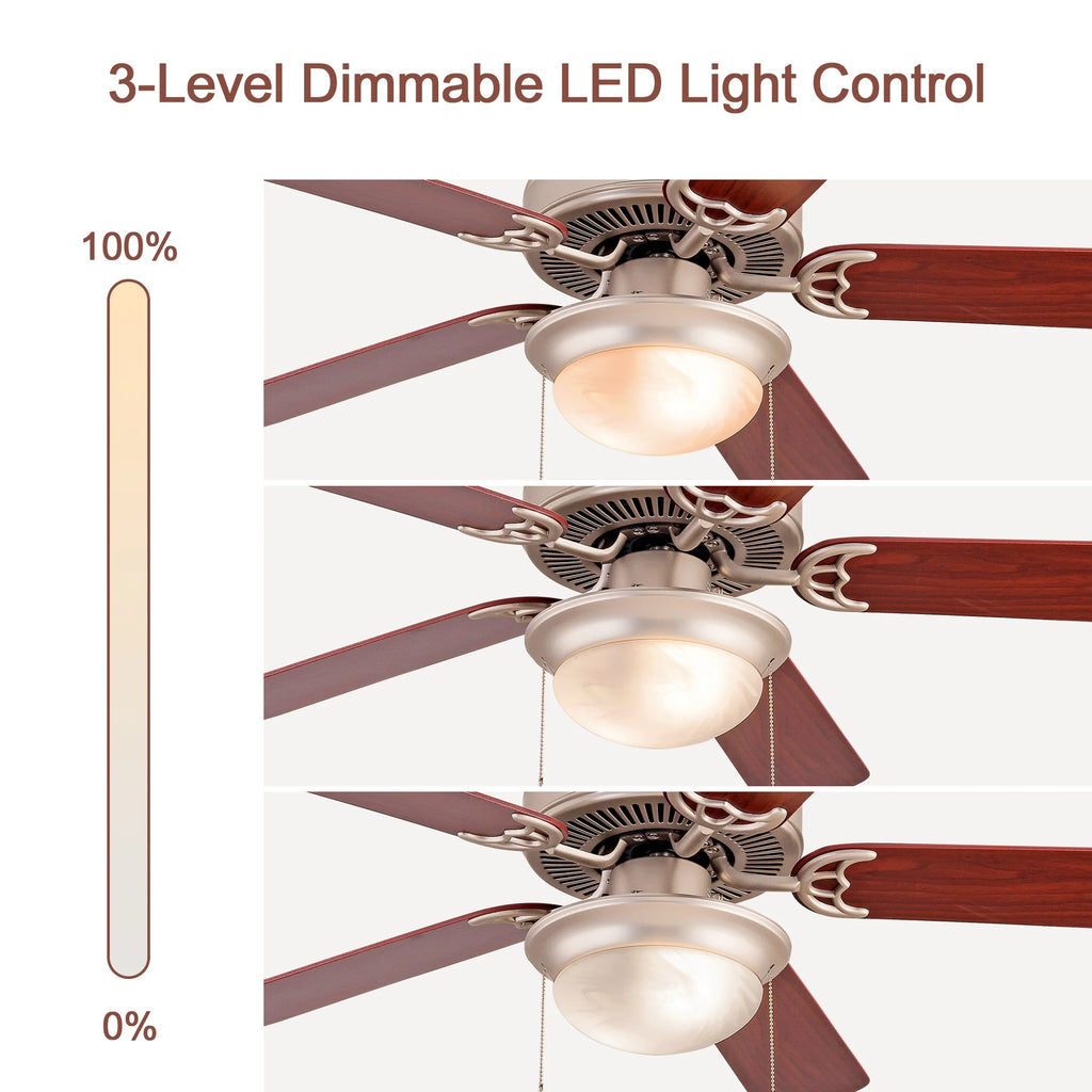 Simpol 52" Prominent Indoor Ceiling Fan with LED Light, Pull Chain and Remote Control, Reversible AC Motor, Walnut/Silver Reversible Blades and Satin Nickel Finish