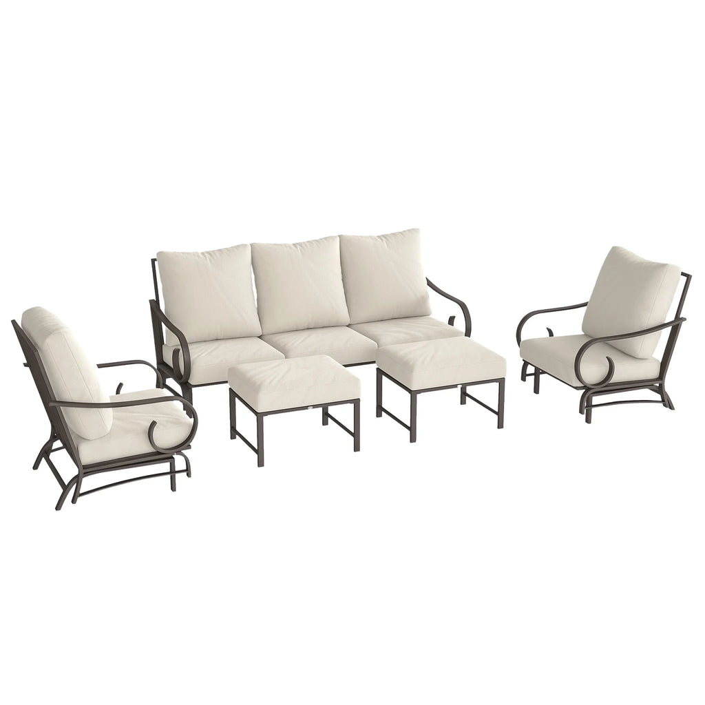 Outsunny 5 Piece Patio Furniture Set with 2 Rocking Chairs, 3-Seat Sofa, and 2 Ottomans for Garden, Lawn, Deck, Backyard, Beige