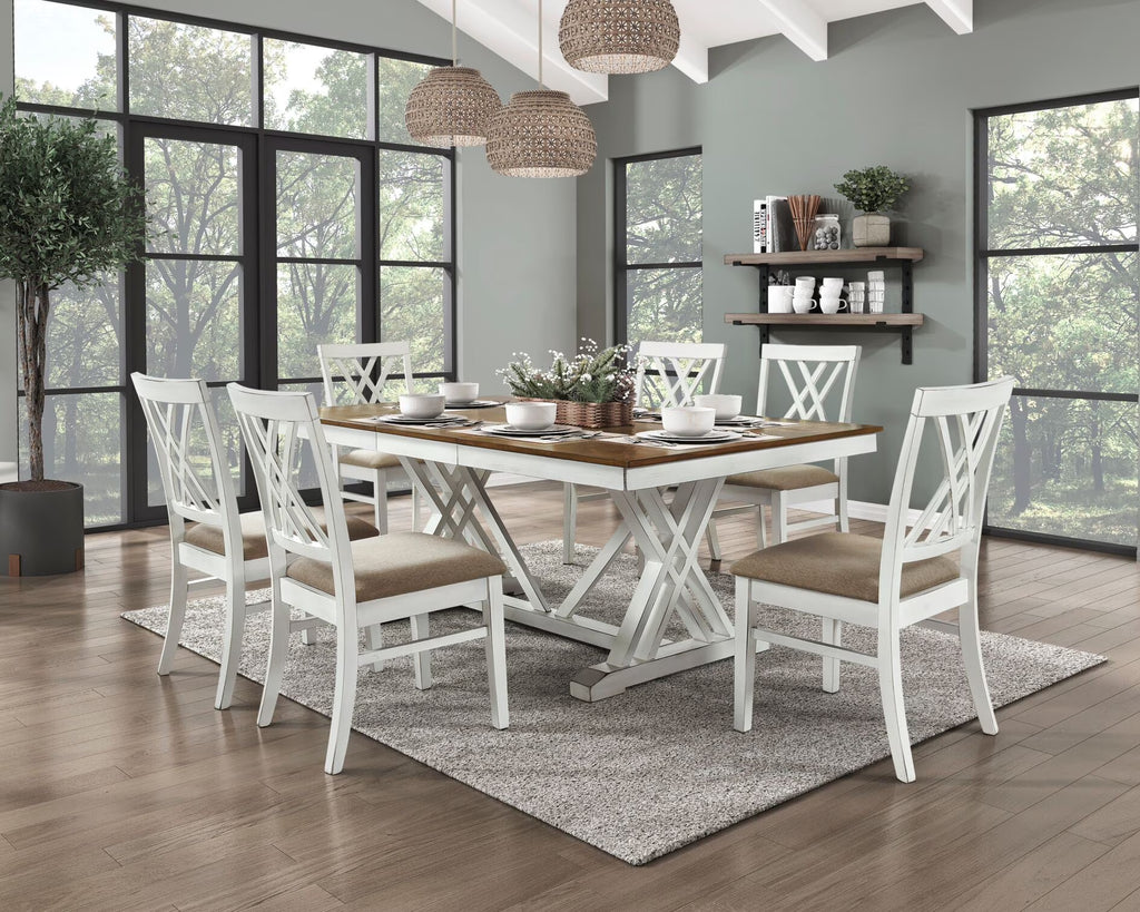 2 PCS Dining Side Chairs Furniture, Fabric Upholstered Seat Dining Chairs with X-Back Design, Wooden Cross Back Chairs for Dining Room, Bedroom and Kitchen, White and Oak Finish