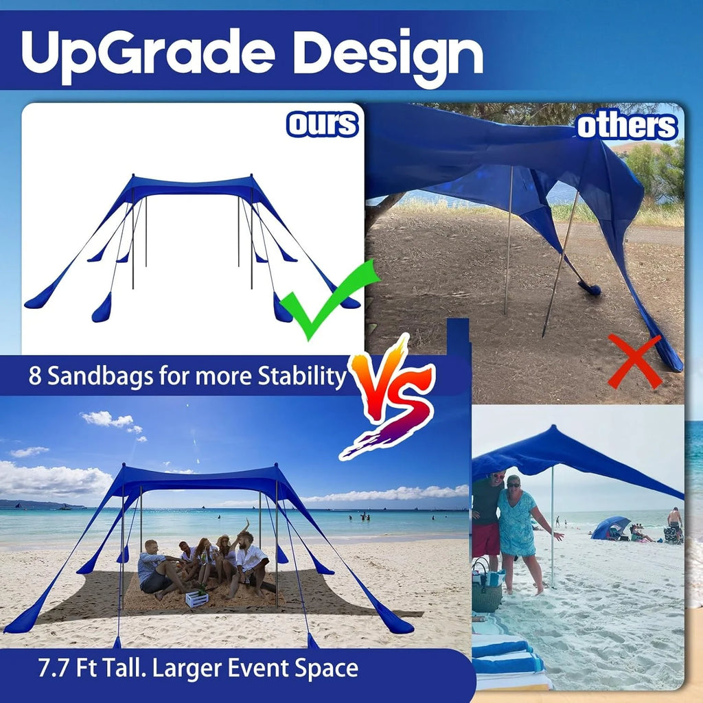 Beach Tent Sun Shelter 10x10FT Beach Shade Canopy with 8 Sandbags, UPF 50+ Protection Beach Shade Canopy, Outdoor