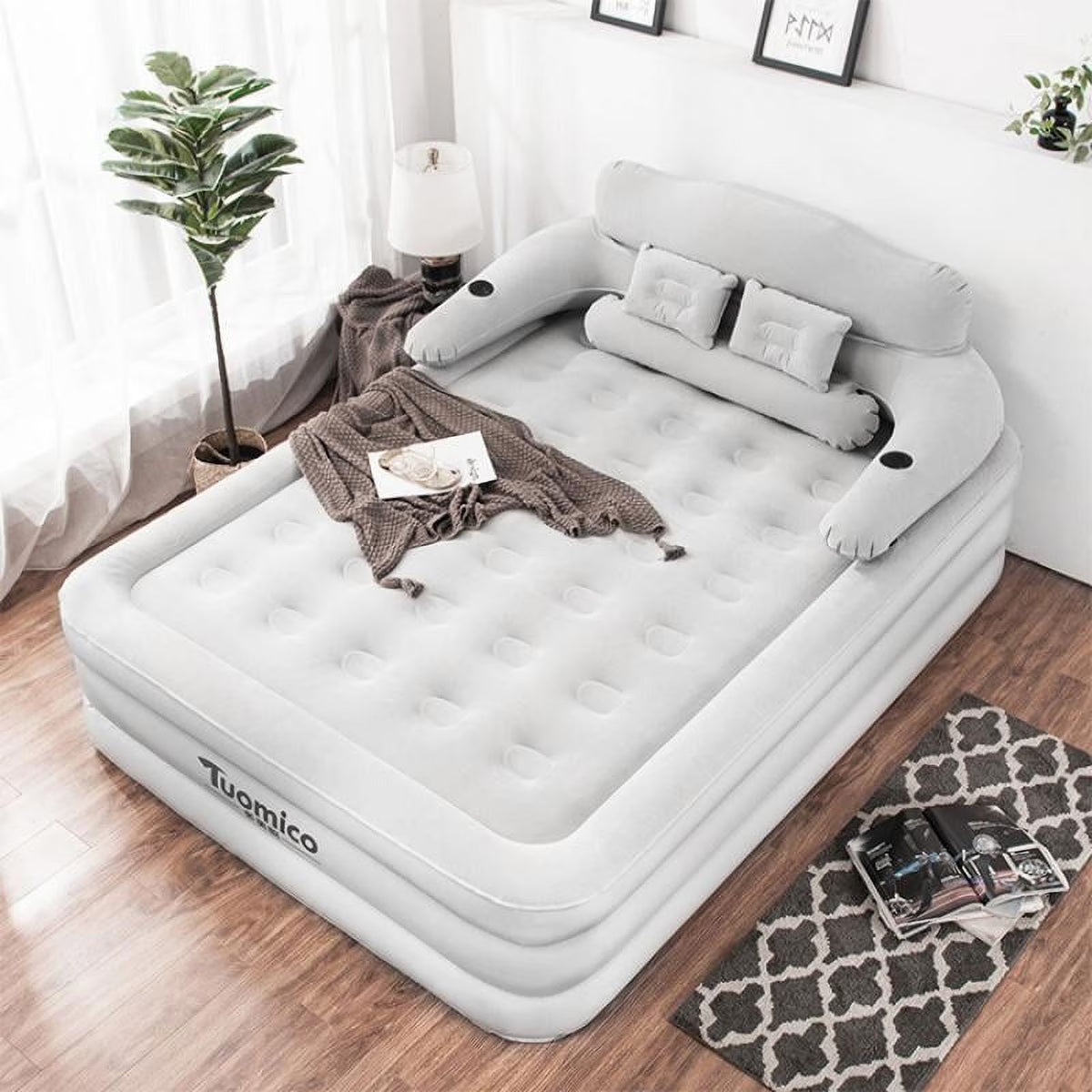 OUYI Inflatable Bed Double Leak-proof mattress with Electric Pump & Pillows Removable Backrest Multifunctional Foldable Air Sofa Guest Bed, 600lb Max(White, Queen Size)