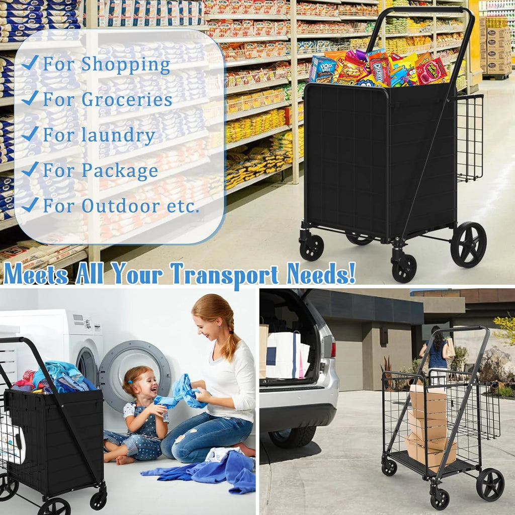 Heavy Duty Folding Shopping Cart for Groceries, Jumbo Double Basket with 360 Swivel Wheels & Waterproof Bag, Portable Utility Cart for Shopping, Laundry, Holds Up to 320 LBS