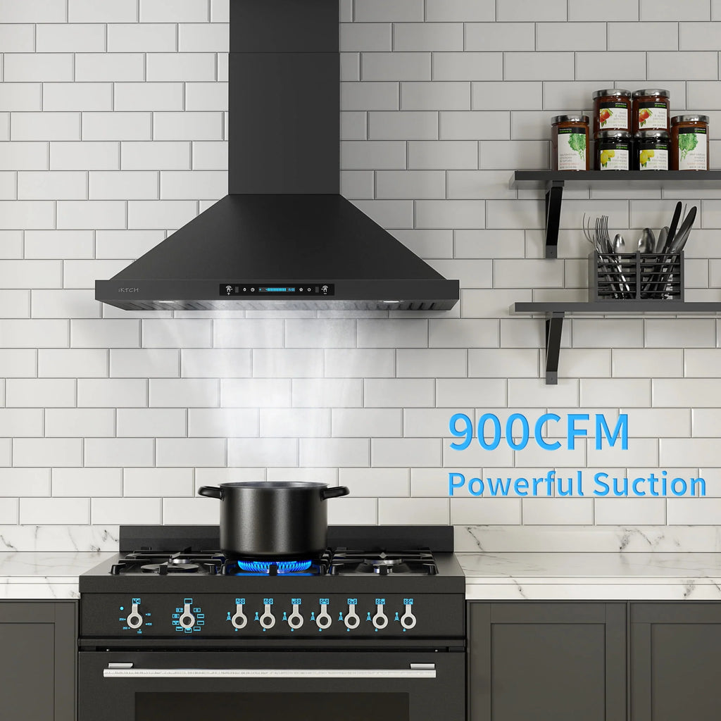 IKTCH 30 inch Black Wall Mount Range Hood, 900 CFM Ducted/Ductless Stainless Steel Vent Hood with Gesture Sensing & Touch Control Switch Panel, 2 Pcs Adjustable Lights(IKP02-30-BSS)