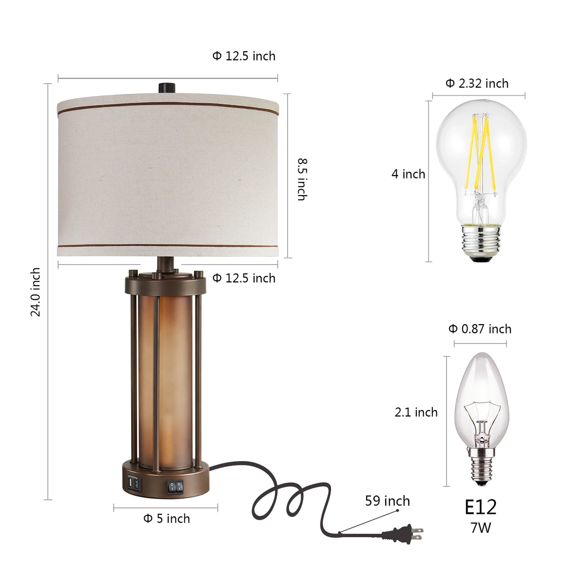 RORIA 24 Modern Living Room Table Lamp 2-Piece Set with 2 USB Charging Ports, Built-in White Frosted Glass with Night Light, Black Vintage Rustic Farmhouse Lamp for Bedroom Nightstand Lamps