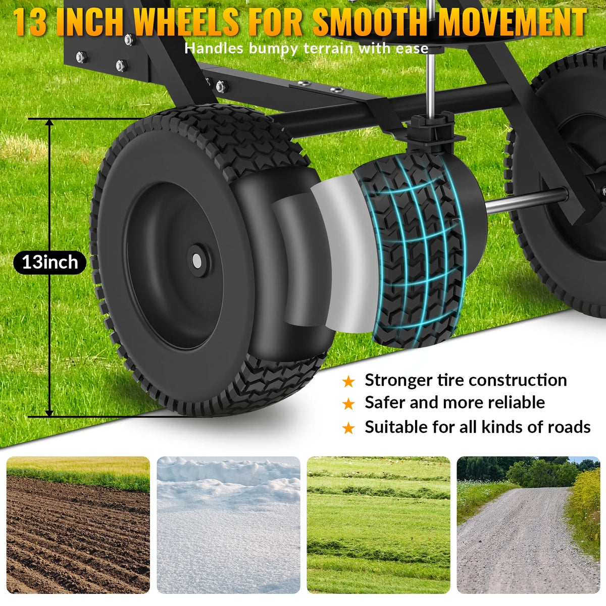 200LB Tow Behind Broadcast Spreader, Fertilizer Spreader Holds up to 550 lbs with 13" Pneumatic Tires and Adjustable Flow Control Lever,for Fertilizer, Grass Seed, Salt, Ice Melt, Lawn