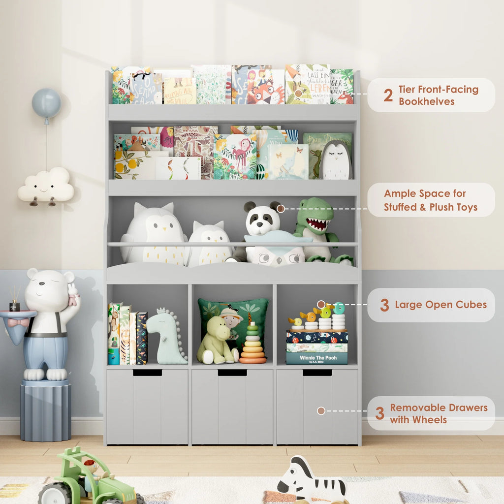 Homfa 55.5 H Kids Bookshelf with 2-Tier Book Shelves, Children Toy Organizer with 3 Cubes and Removable Drawers, White