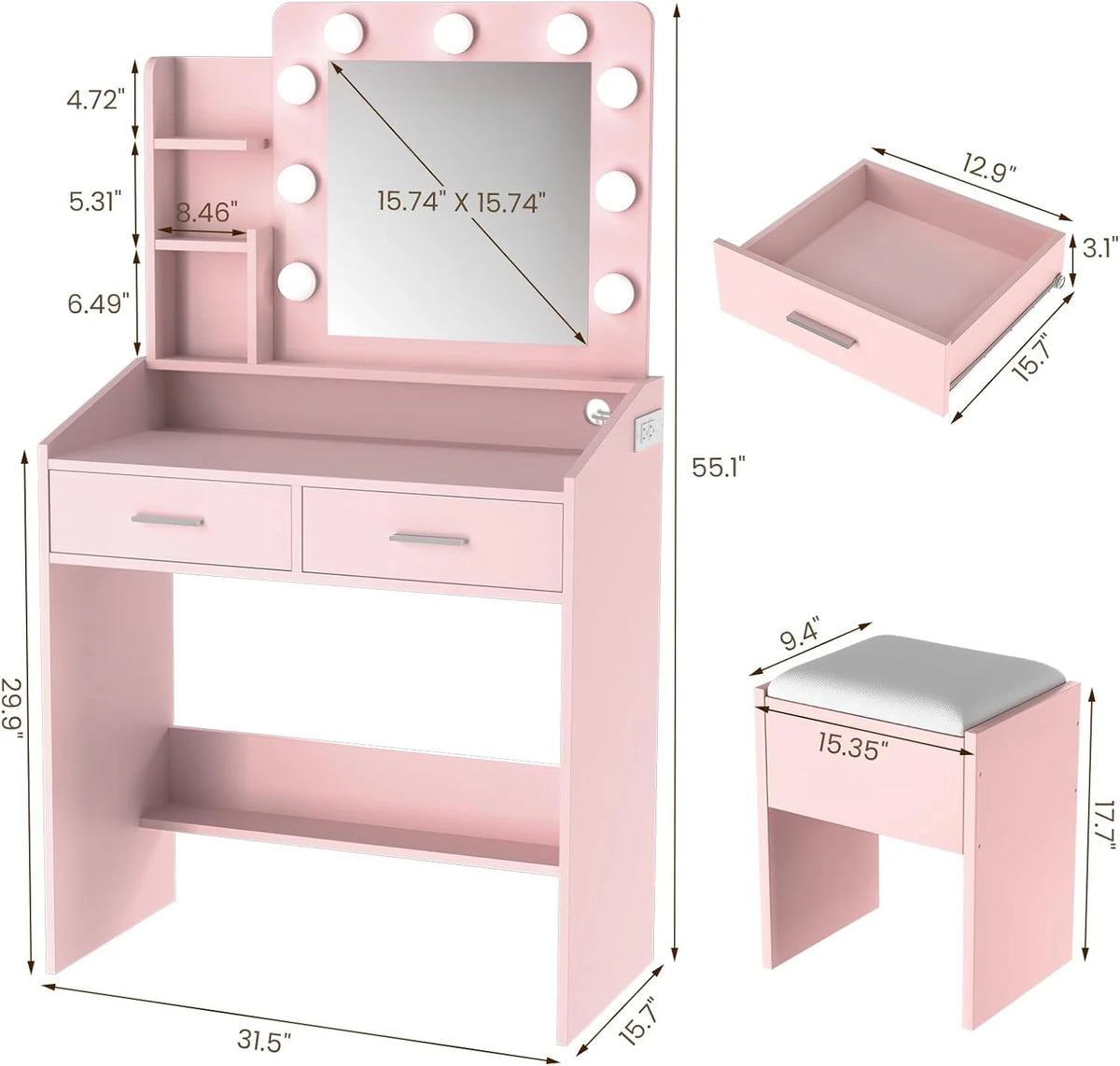 OYang Makeup Vanity with Lights, Vanity Desk with Mirror and Lights Set, Large Drawer and Two-Tier Lots Storage Cabinet, 3 Lighting Modes Adjustable Brightness