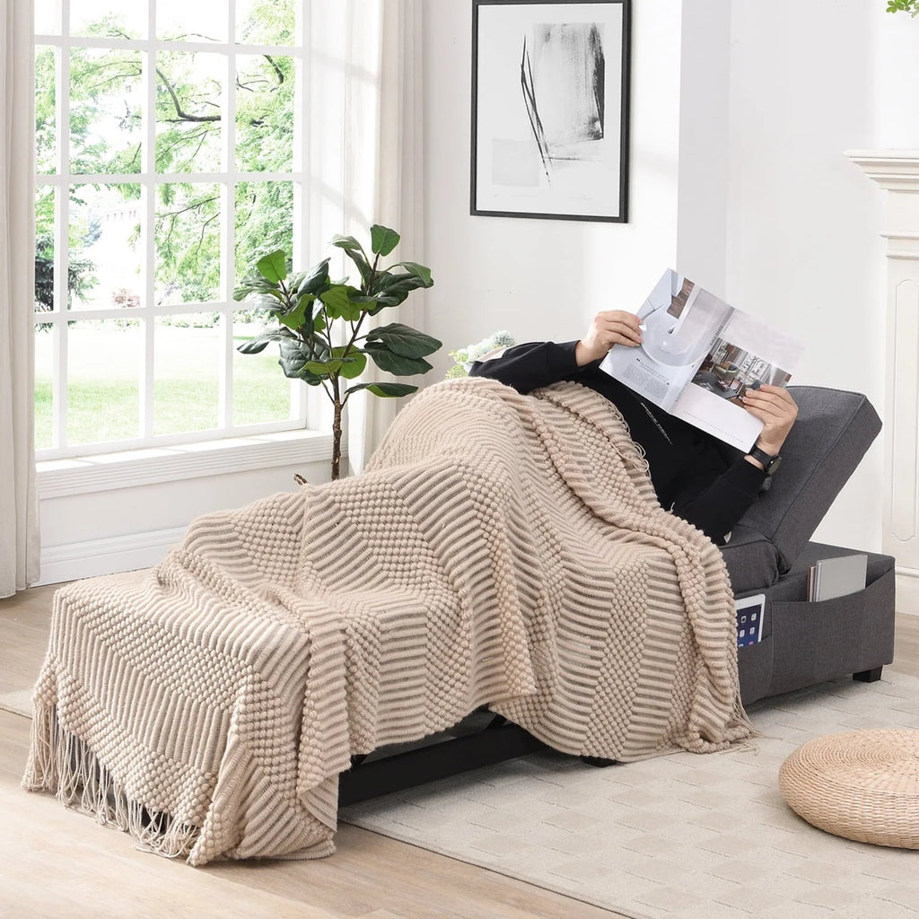 Cynefin Sleeper chair - ottoman bed, chair beds sleeper, 4 in 1 convertible chairs into beds with Lumbar Pillow 3 Side Pockets Linen Fabric Tufted for Living Room Grey