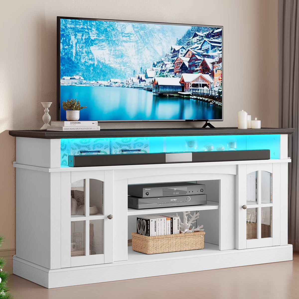 Dextrus Farmhouse LED TV Stand for TVs up to 65'', Wood TV Media Console Entertainment Center for Living Room, White