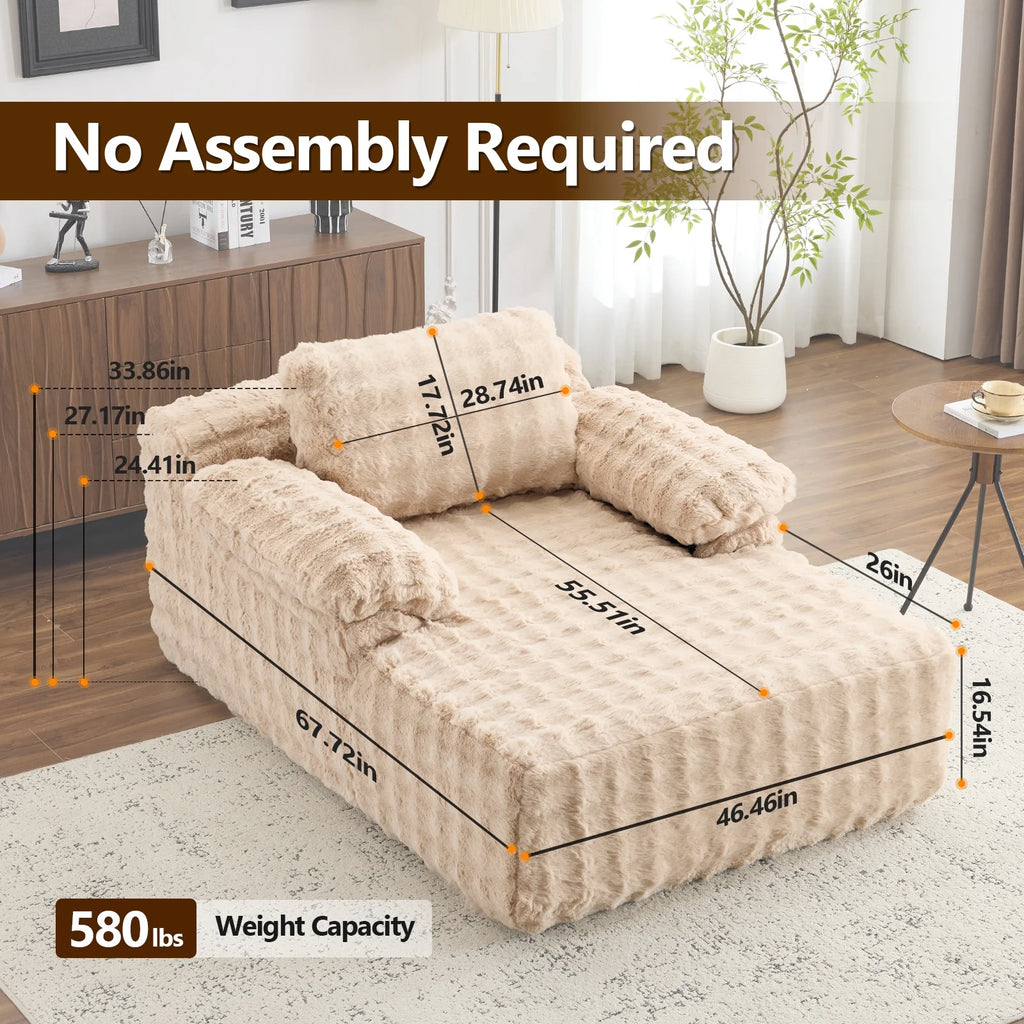 Ktaxon 68" Lounge Chair, Bubble Fleece Fabric Sofa Bed, Boneless Sleeper Chaise with Removable Backrest & Pillow-Top Armrests for Living Room White