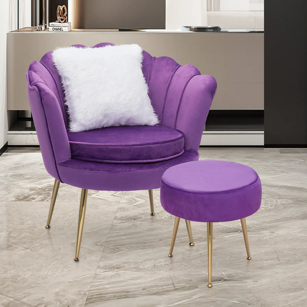 MoNiBloom Set of 2 Velvet Tufted Accent Chair with Pillow and Stool, Upholstered Modern Single Sofa Side Chair with Padded Seat and Golden Metal Legs, Living Room Armchair, Black