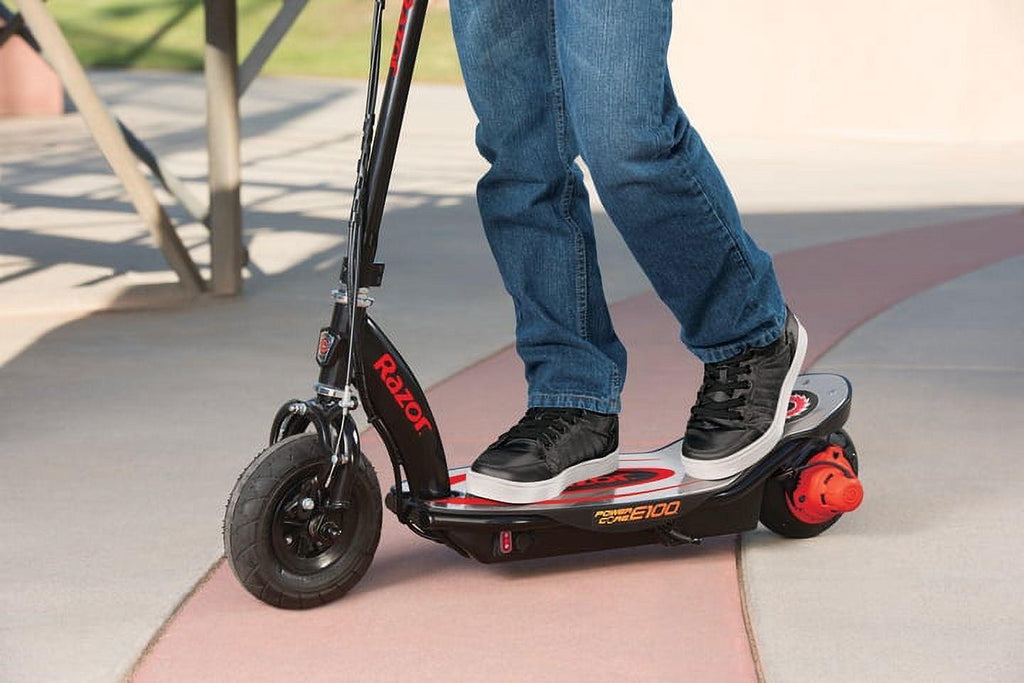 Razor Power Core E100 Electric Scooter with Aluminum Deck - Red. Ages 8+ and Up to 120 lb. 8″ Pneumatic Front Tire. Up to 11 mph and Up to 60 Mins of Ride Time. 100W Hub Motor. Unisex