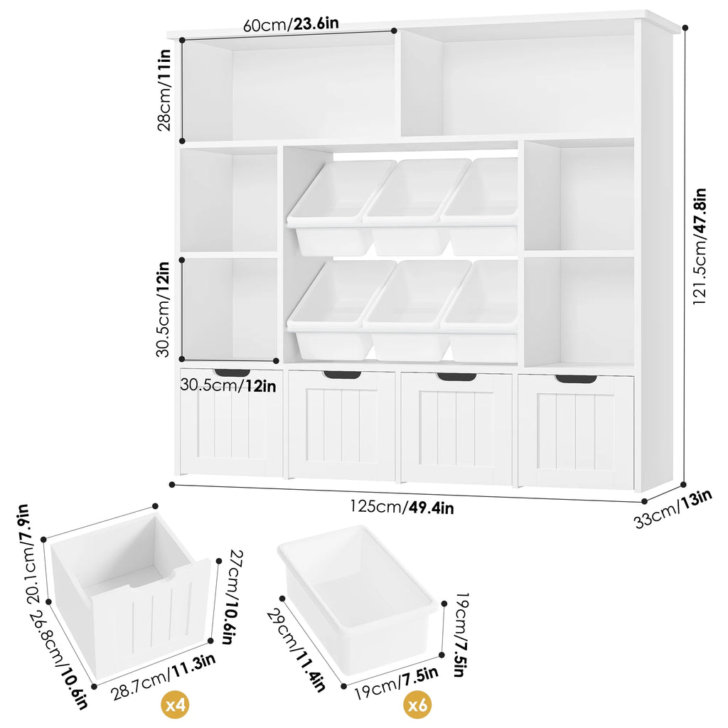 Hiphuta Large 4 Tier Kids Bookcase, Wood Toy Organizer of 6 Boxes & 4 Removable Drawers, Bookshelf for Kids Room, White