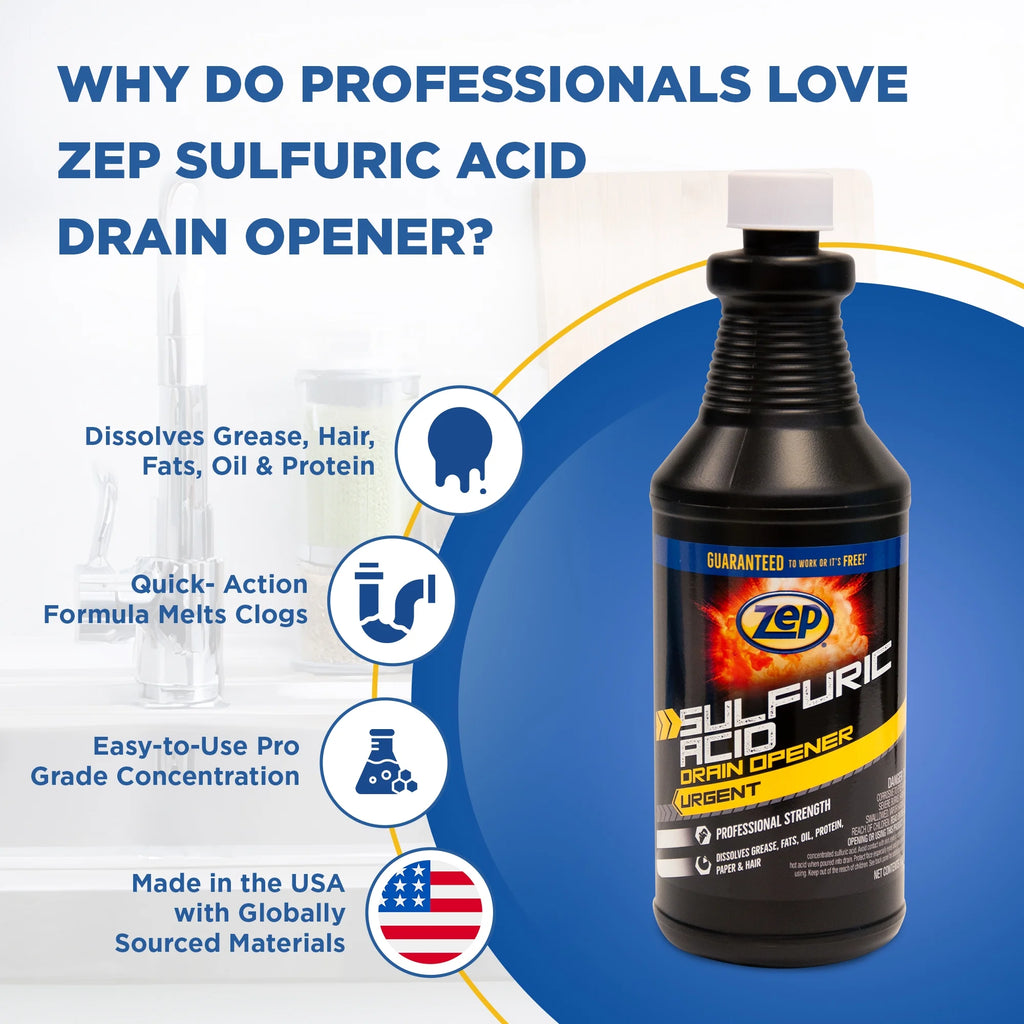 Zep Sulfuric Acid Drain Opener - 32 oz (Case of 12) ZUSADO32 - Professional Strength Drain Cleaner