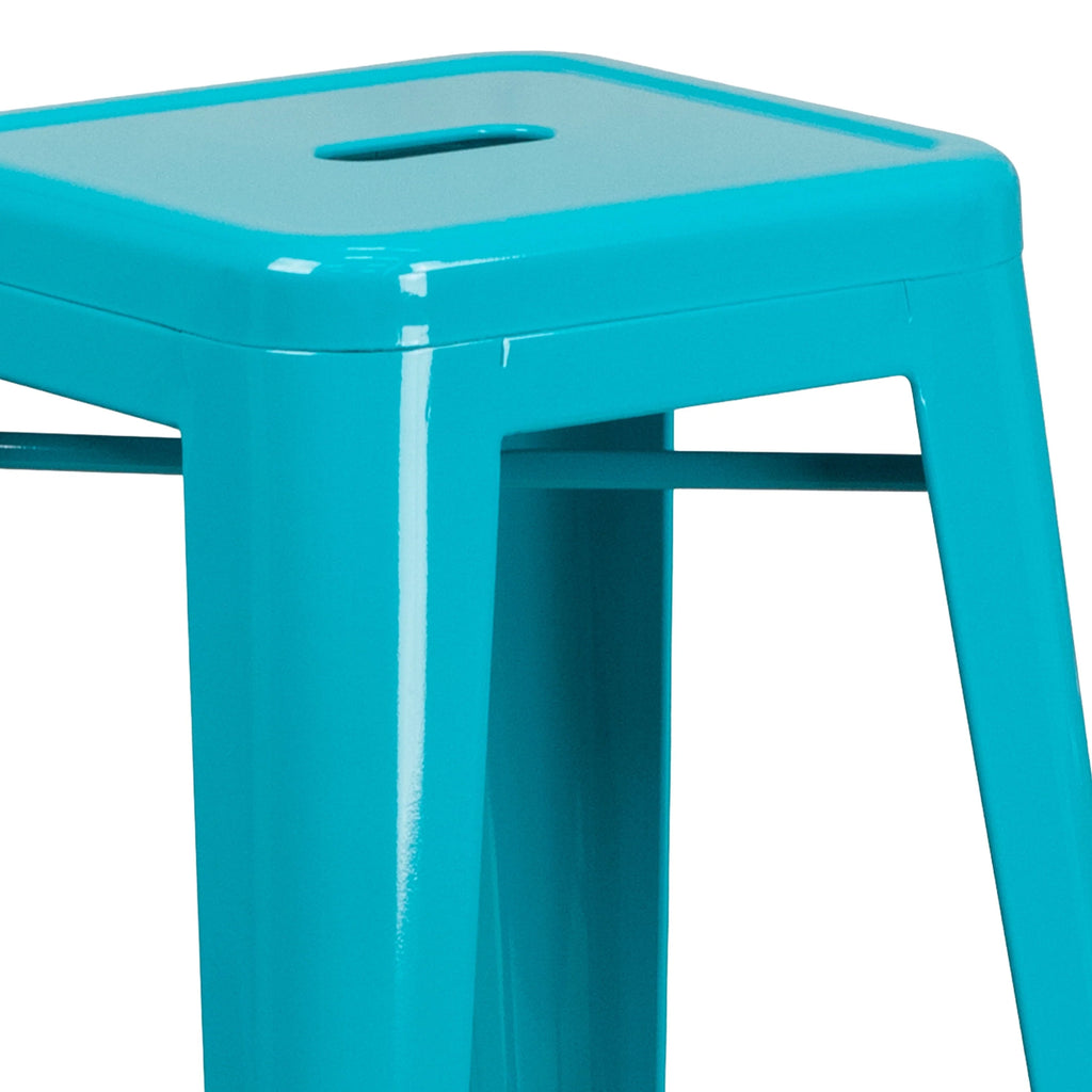 Merrick Lane Crystal Blue 30" High Backless Metal Bar Height Stool with Square Seat for Indoor-Outdoor Use