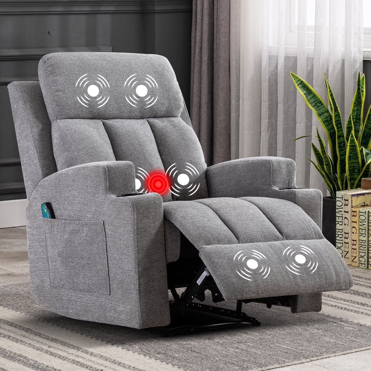 Bonzy Home Heated Manual Massage Recliner with Cup Holder Padded Breathable Fabric Recliner, Home Theater Seating Navy