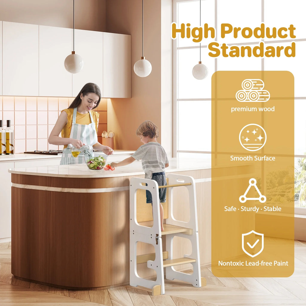 JOZ Kitchen Toddlers Step Stool, Montessori Kids Learning Stool, Foldable Toddler Tower for Counter, Standing Helper for Children, 3 Adjustable Heights, Wooden, White
