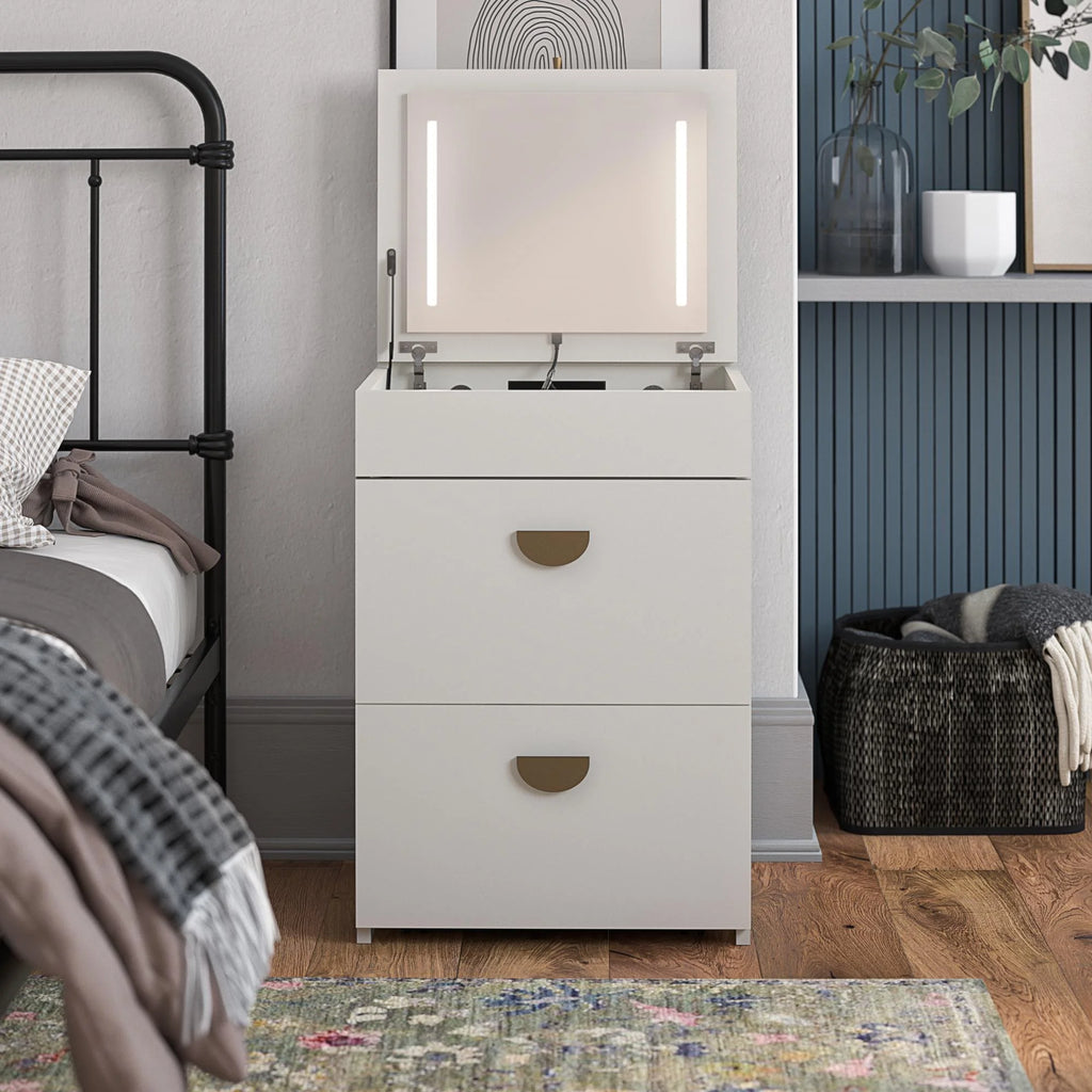 Ameriwood Home Compact 3-in-1 Vanity Set, Makeup Storage Desk & Stool, Mirror w/ LED lights & USB Charging Station, White