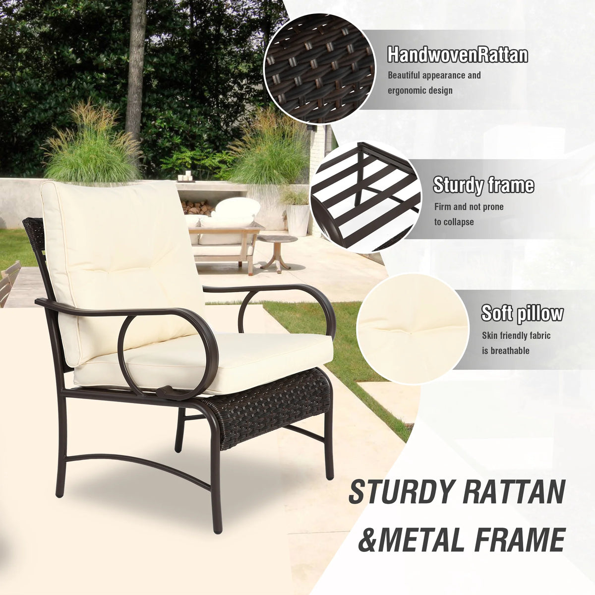 Villeston 3 Piece Outdoor Wicker Conversation Patio Set, with 2 Chairs, Table for Porch Garden,Blue
