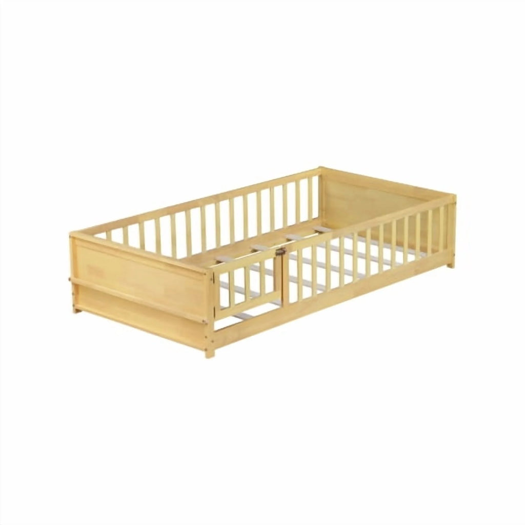 Bellemave Twin Size Floor Bed with Fence, Montessori Floor Twin Bed with Built-in Book Rack, Solid Wood Twin Bed with Slats and Safety Guardrails, Natural