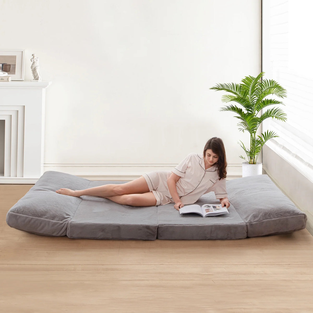 Folding Sofa Bed,Extra Thick and Long Fluffy 4 Position Convertible Flip Lounge Chair,Foam Filling Folding Matress Sofa Bean Bag with Washable Cover,Grey,39x95 Inch