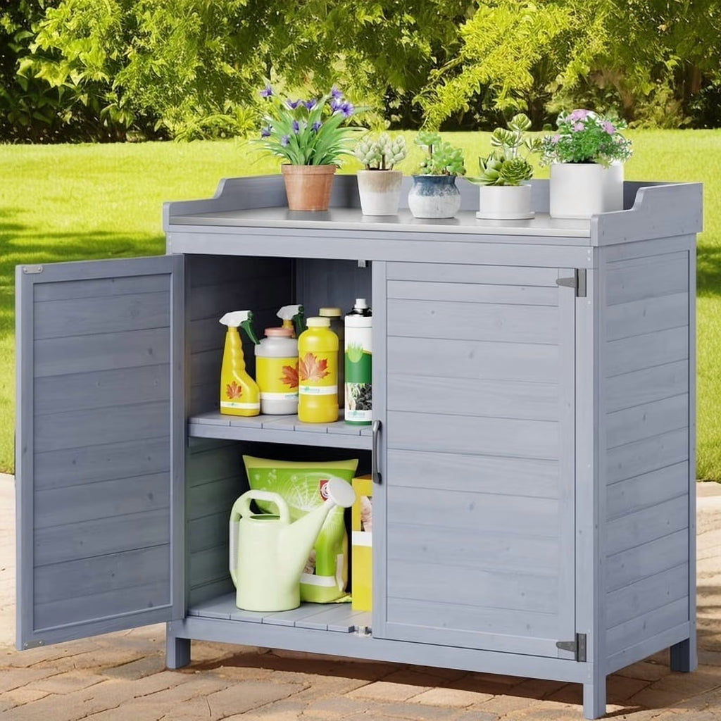Lofka Outdoor Storage Cabinet, Outdoor Potting Bench Table with Removable Shelves for Yard, Garden,  Waterproof Wood