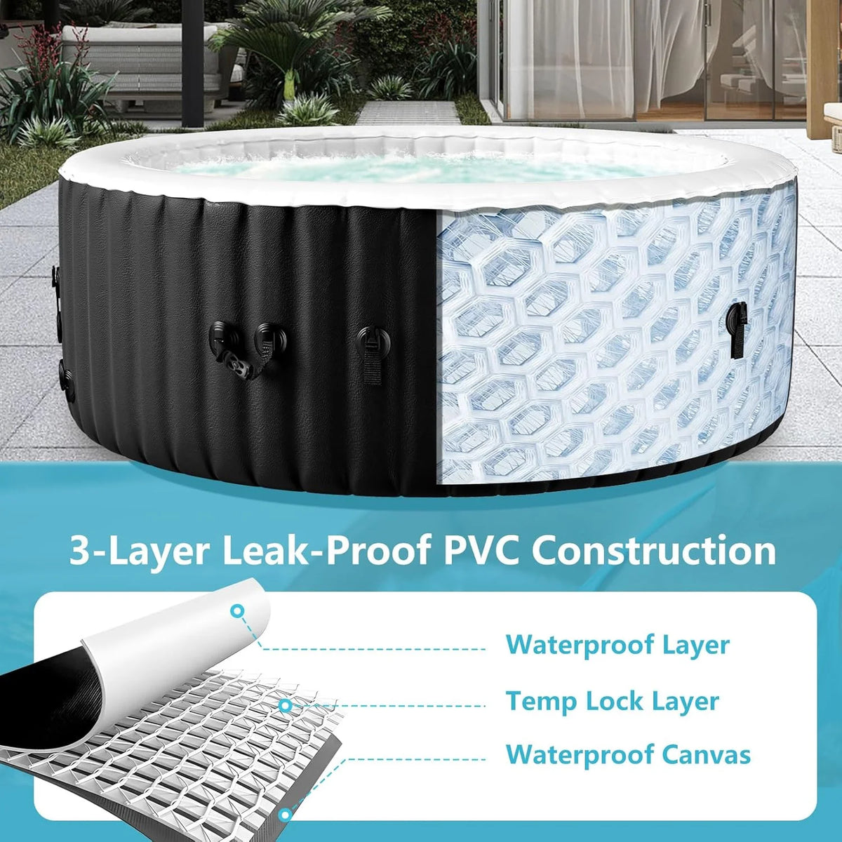 4-6 Person Inflatable Hot Tub, Large Polygon Portable Blow up Hot Tub, Leak-Proof PVC Outdoor Spa with 130 Air Jets, Insulated Cover and Heater Pump, 77 X 77 X 25