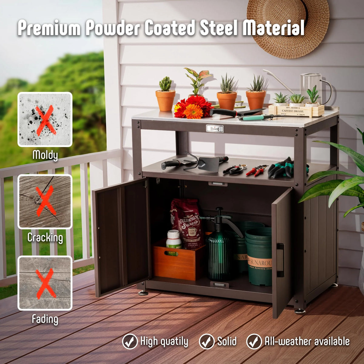 Garden Potting Bench with Storage Cabinet, Outdoor Gardening Table and Plant Workbench, Gardening, with Stainless Steel Tabletop