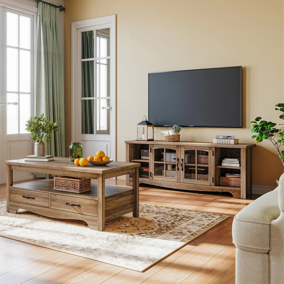 LINSY HOME Modern Farmhouse TV Stand for TVs up to 65",Home Entertainment Center with Storage Cabinet and Adjustable Shelves,Washed Grey & Brown