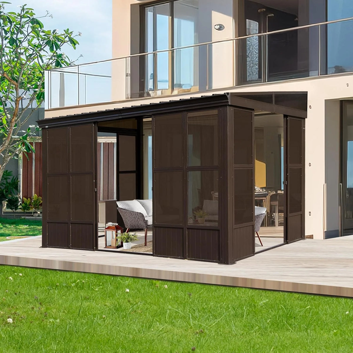 Domi Outdoor Living 8x12FT Wall-Mounted Sunroom Gazebo Solarium with Front Door, Side Entrances, Galvanized Steel Sloping Roof, Movable PC Screens, Permanent Lean-To Sunroom for Deck or Patio