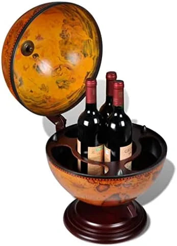 Green & Brown Tabletop Globe Wine Stand - Eucalyptus Wood with Antique Replica Frescoes and 16th  Nautical Maps - Assembly Required
