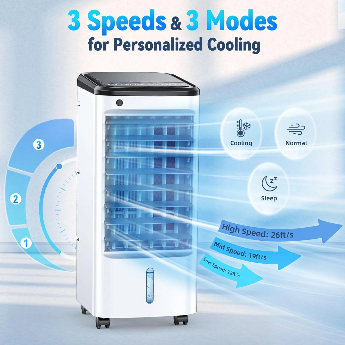 Portable Windowless Air Conditioner with 6 Ice Packs, 12H Auto-Off Smart Timer, 26Ft Remote Control, Top-Fill Dual Tank Evaporative Cooler, 3-Speed Cooling & 70 Auto-Swing for Indoor Use
