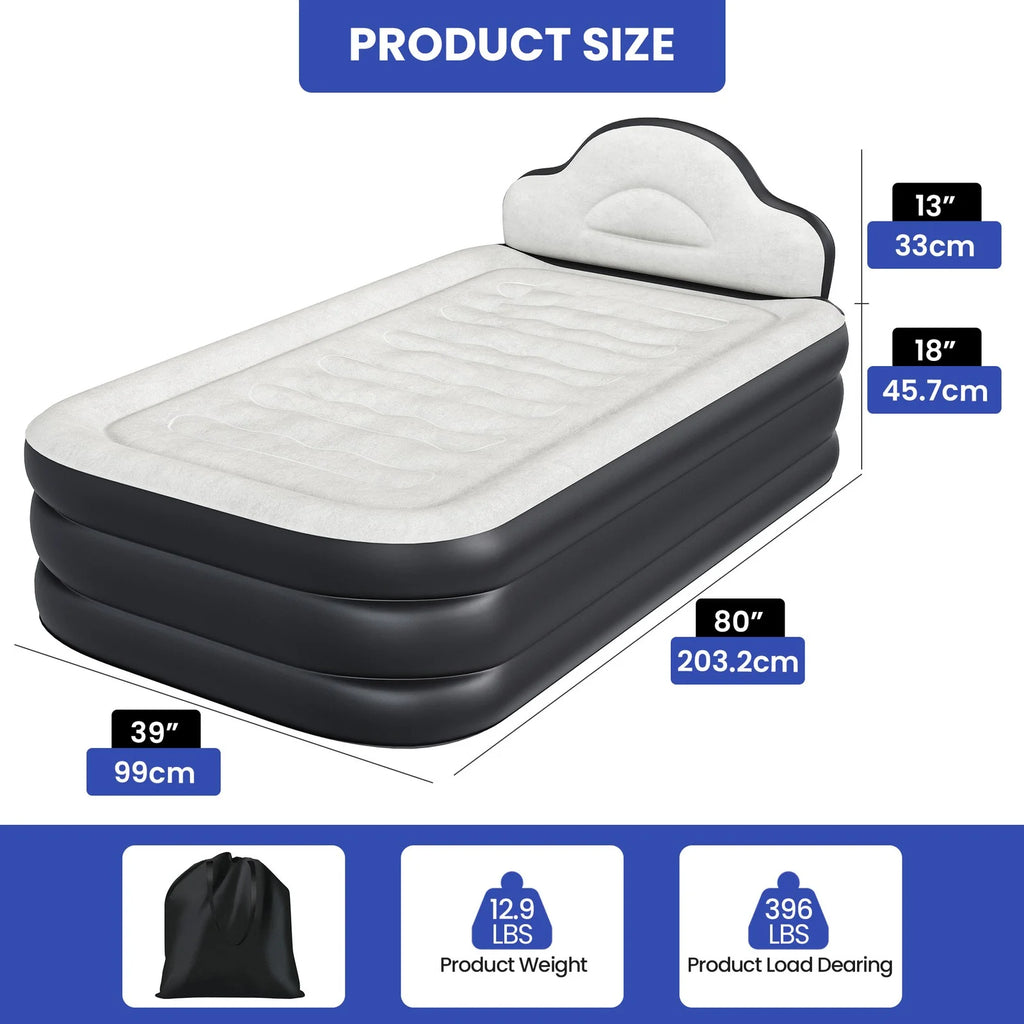 JWRWEF Twin XL Inflatable Air Mattress 18" Raised Bed with Built-in Pump, Headboard & Carry Bag, Portable Blow Up Bed for Guests, Travel, Camping