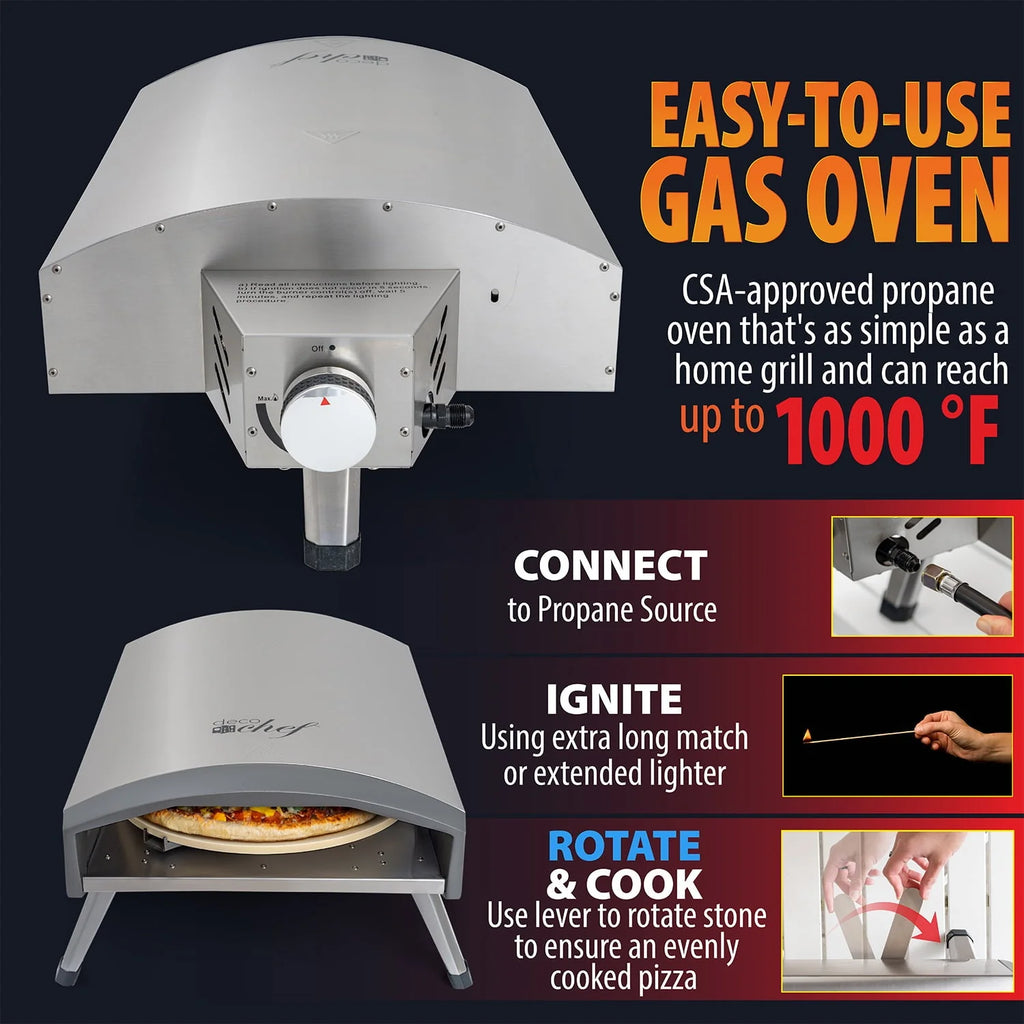 Deco Chef Outdoor Gas Pizza Oven, Portable Collapsable Design, Hassle-Free Self-Rotating Baking Stone, Accessories, Stainless Steel