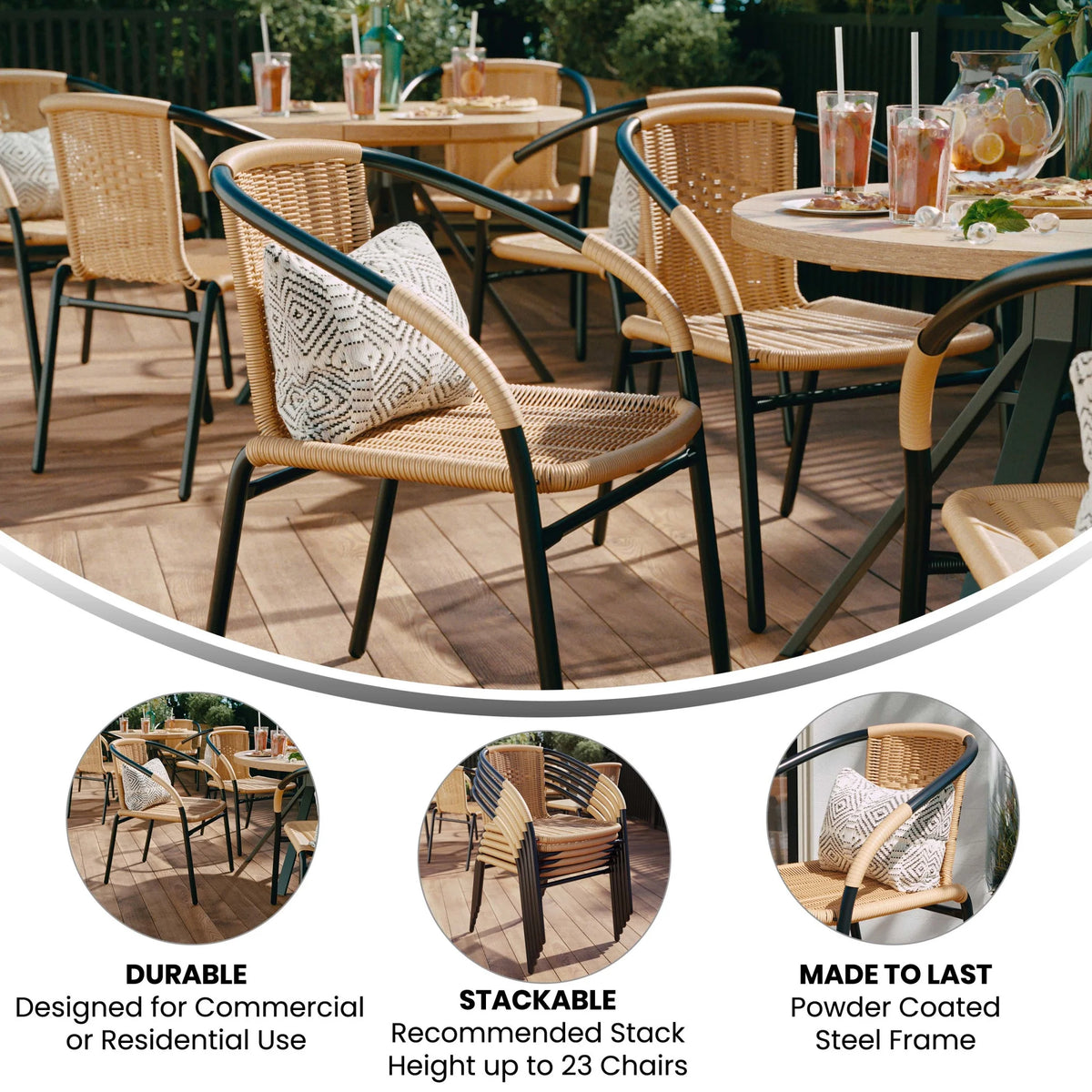 Flash Furniture Lila Indoor/Outdoor Stacking Rattan Patio Chairs, Set of 2, Beige