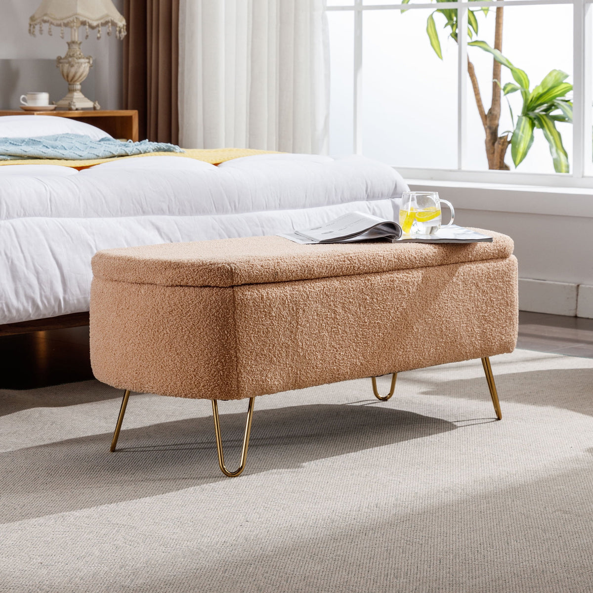 Syngar Entryway Bench with Storage for Bedroom, Living Room, and End of Bed, Faux Fur Ottoman Foot Rest with Storage,Upholstered Bench with Storage with Metal Leg,Ivory