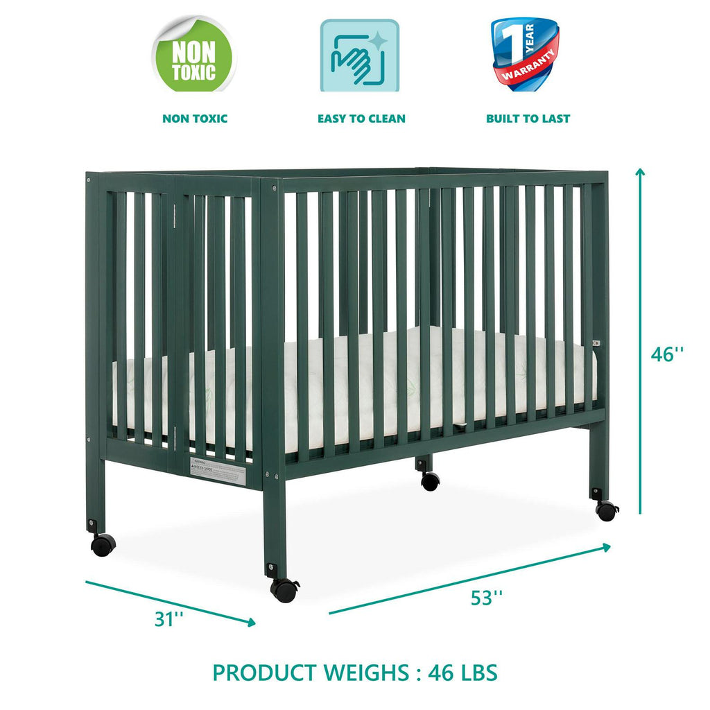 Dream On Me Quinn Full-Size Folding Crib. Removable Wheels. Modern Nursey. Adjustable Mattress Support. Patent Folding System in Olive