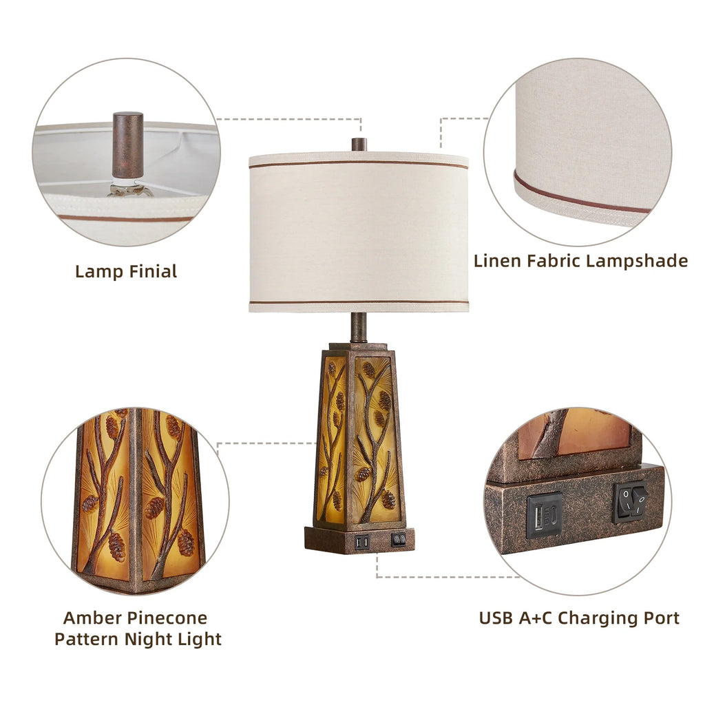 RORIA 24 Modern Living Room Table Lamp 2-Piece Set with 2 USB Charging Ports, Built-in White Frosted Glass with Night Light, Black Vintage Rustic Farmhouse Lamp for Bedroom Nightstand Lamps