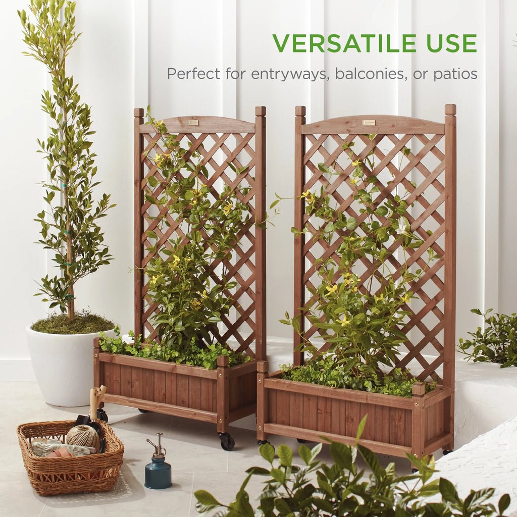 Best Choice Products 48in Mobile Wood Planter Box & Diamond Lattice Trellis, w/ Drainage Holes, Optional Wheels - Walnut