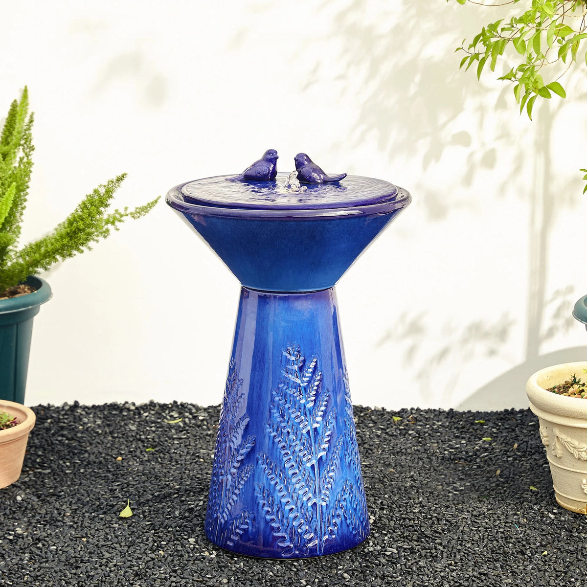 Glitzhome 27.5" Fountain with Pump and LED Light Embossed Pedestal Ceramic Bird Bath, Turquoise