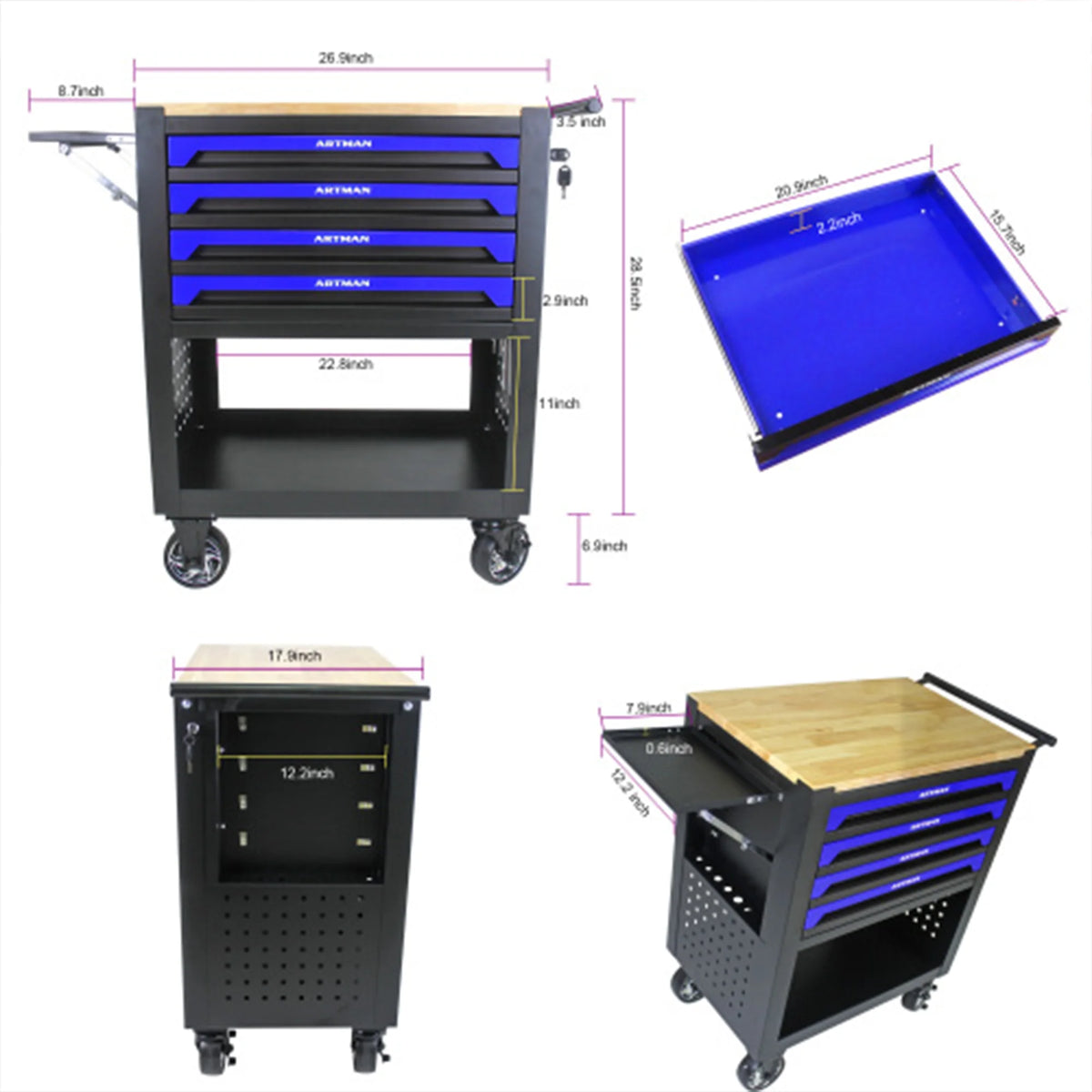 ARTMAN 4-Drawer Tool Cart with Wheels and Drawers ,Wood Top Tool Box Cart for Workshop Warehouse Garage