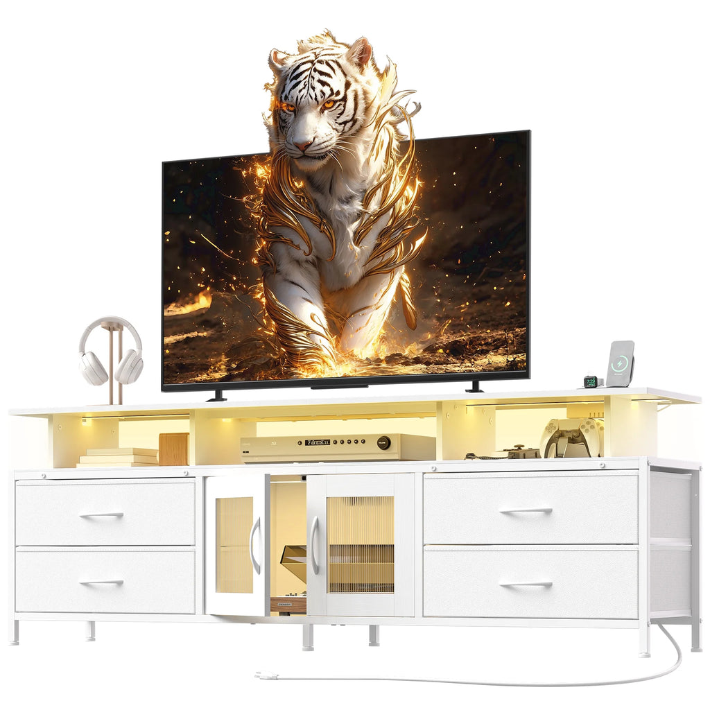 GUNAITO TV Stand for TV up to 70", Big TV Stand for Living Room Entertainment Center with LED Lights and 4 Fabric Drawers , Black