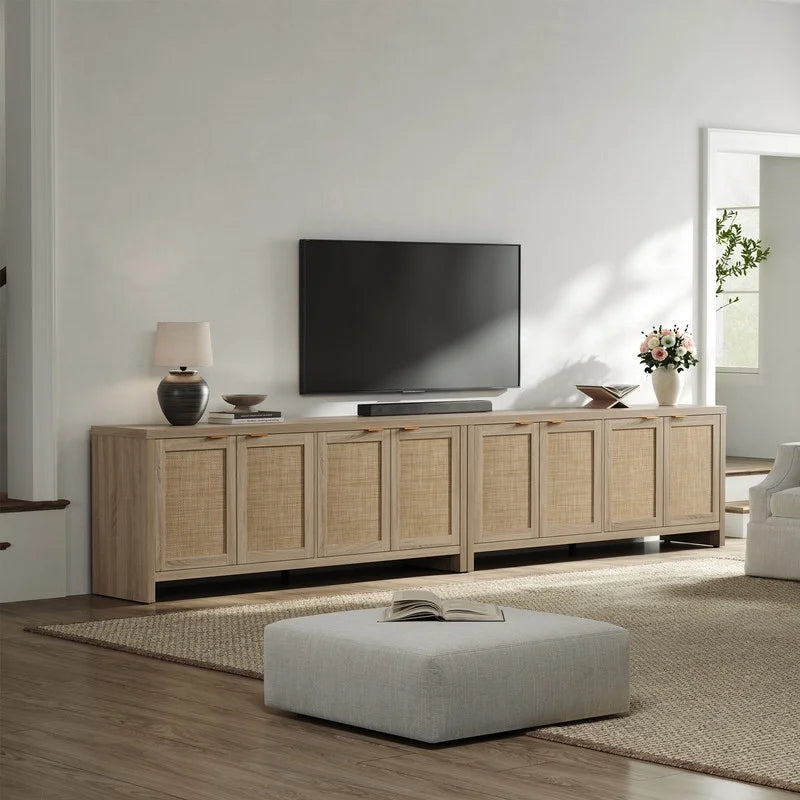 SICOTAS 61.5"W Rattan TV Stand with 4 Doors, Boho Entertainment Center with Adjustable Shelves & Spacious Countertop Large Boho Farmhouse Media Console for Living Room, Reclaimed Caramel Oak