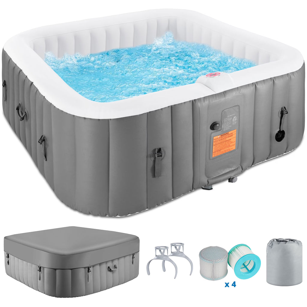 73 inch 4-6 Person Inflatable Hot Tub Spa with Control Panel, Outdoor Portable Hottub with 130 Jets, Insulated Tub Cover and Floor Protector, Temperature up to 104°F, Gray