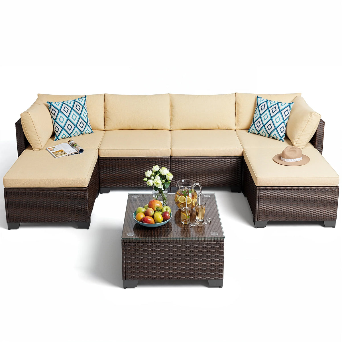 7 Piece Outdoor Patio Furniture Set, Asofer Rattan Wicker Outdoor Conversation Sectional Sofa Set, Gray